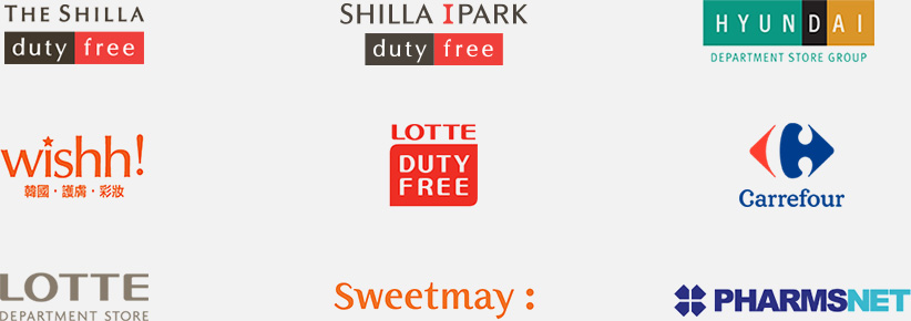 THE SHILLA, SHILLA IPARK, HYUNDAI DEPARTMENT STORE GROUP, Wishh!, LOTTE DUTY FREE, Carrefour, LOTTE DEPARTMENT STORE, Sweetmay:, PHARMSNET